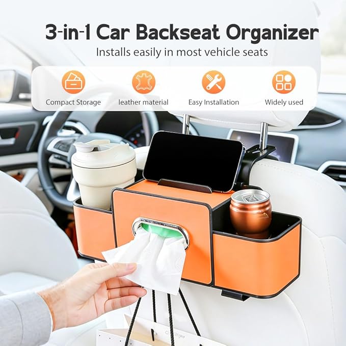 Multifunctional Car Seat Back Storage Box, 3-in-1 Backseat Car Organizer with Dual Cup Holders, Hold Phones, Snacks, Drinks, and Handbags (Black)