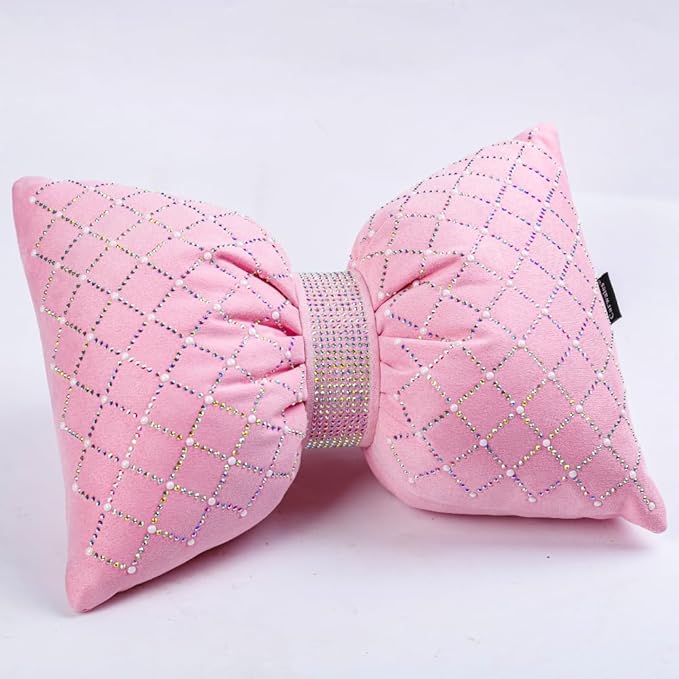 Pink Bow Lumbar Support Pillow for Car Accessory Women Girl Couch Cushion Decorative Back Pillow Bling Rhinestone Pearls 1 Pack