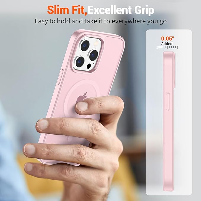 SUPFINE Magnetic for iPhone 15 Pro Max Case with Screen Protector (Compatible with MagSafe) (Military Grade Drop Protection) Translucent Matte Shockproof Phone Cover,Light Pink