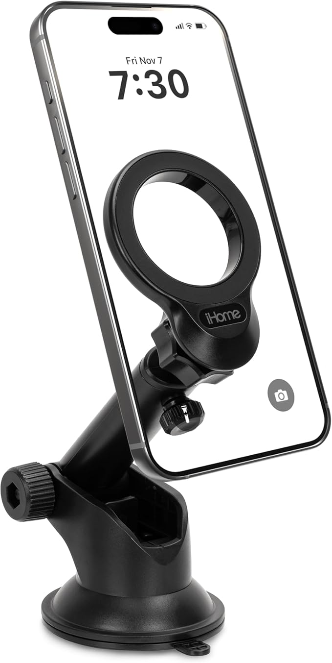 iHome Car Mount, Dashboard/Windshield/Vent Mount, Swivel Neck, Silicone Grip, Adjustable Mount Arm with Suction Cup Base (Magnetic Car Mount)
