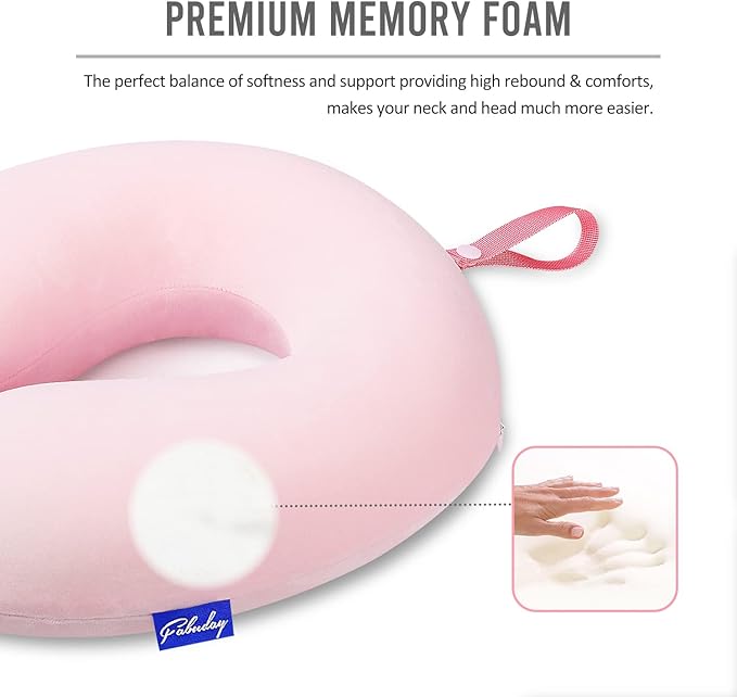 Fabuday Memory Foam Neck Pillows for Travel - Airplane Pillows for Sleeping with Attachable Snap Strap Soft Washable Cover, Flight Pillow for Traveling, Car, Office, Provide Head Neck Support Pink