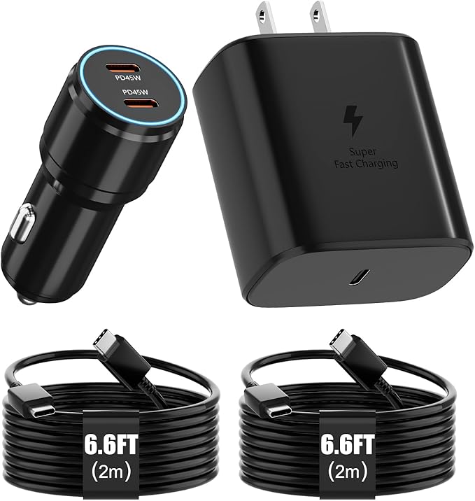 Samsung Super Fast Charger Type C Kit,45W PD USB C Wall/Car Charger for Samsung Galaxy S26/S25/S24/S23/S22/Plus/Ultra/FE/Note 20/10/A71,2020/2018 Pad Pro/Air,with 2X USB C-to-C Cable(6.6ft)