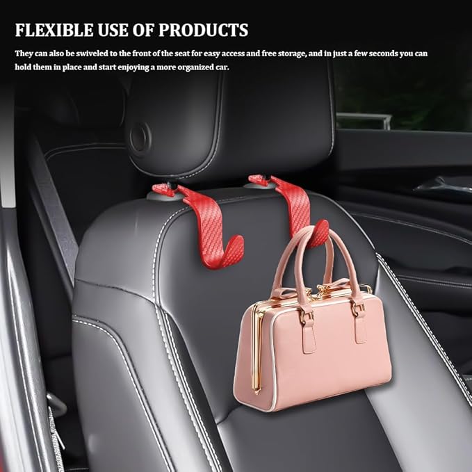4PCS Car Seat Headrest Hook, Plastic Auto Back Seat Hanger Hooks, Multi-Functional Stylish Seat Hooks, Universal Car Interior Headrest Hanger Storage Accessories for Purse Coats Handbag (Red)