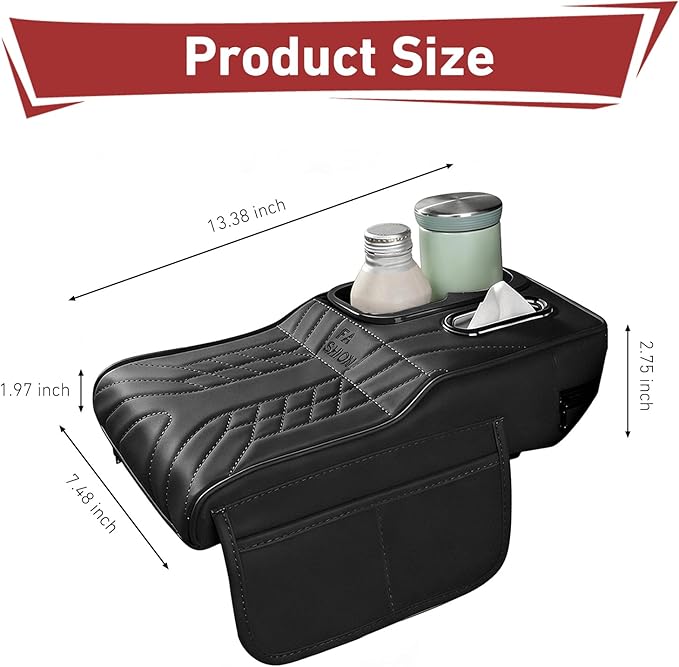 Car Center Console Booster Cover, Multifunctional Car Interior Arm Rest Box Storage Cushion with Cup Holder, Tissue Box, Side Pockets, Leather Memory Foam Armrest Pillow Protection (Black)
