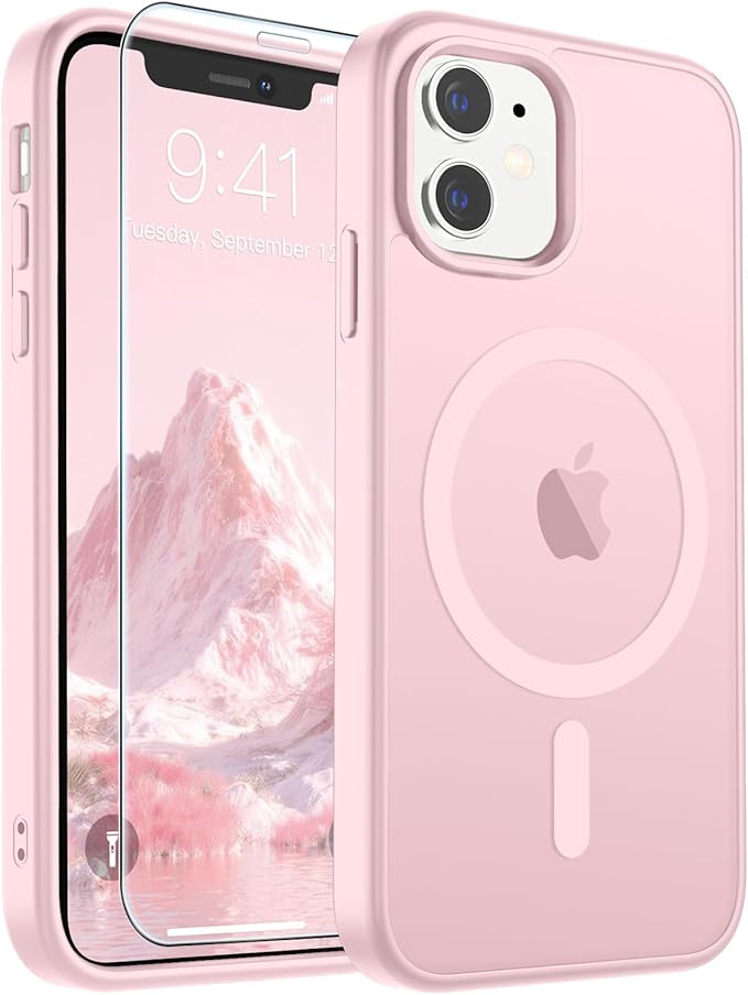 SUPFINE Magnetic for iPhone 11 Phone Case with Screen Protector (Compatible with MagSafe) (Military Grade Drop Protection) Translucent Matte Shockproof Phone Cover,Light Pink