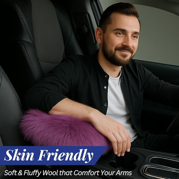 Andalus Brands Pure Australian Sheepskin Fluffy Car Center Console Cover, Luxurious Non-Shedding Furry Arm Rest Cover for Car, Versatile for All Seasons, Purple - (11.47" X 6.3")