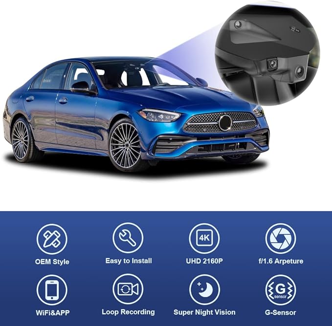Fitcamx 4K Dash Cam for 2022-2025 Mercedes-Benz C-Class C300 Sedan Coupe Cabriolet (HD2-6635), OEM Look, 2160P UHD Video, Built-in WiFi & APP, Loop Recording, G-Sensor, Easy to Install, 64GB Card