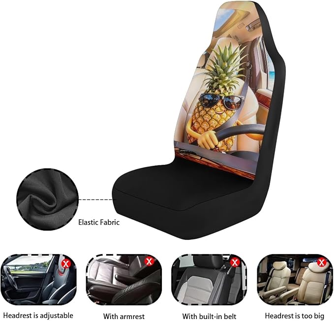 Pineapple Car Seat Covers Set of 2 Funny Breathable Front Seat Covers Stretch Polyester Fabric Cover Removable Automotive Accessories Universal Fit for Cars SUV Sedans