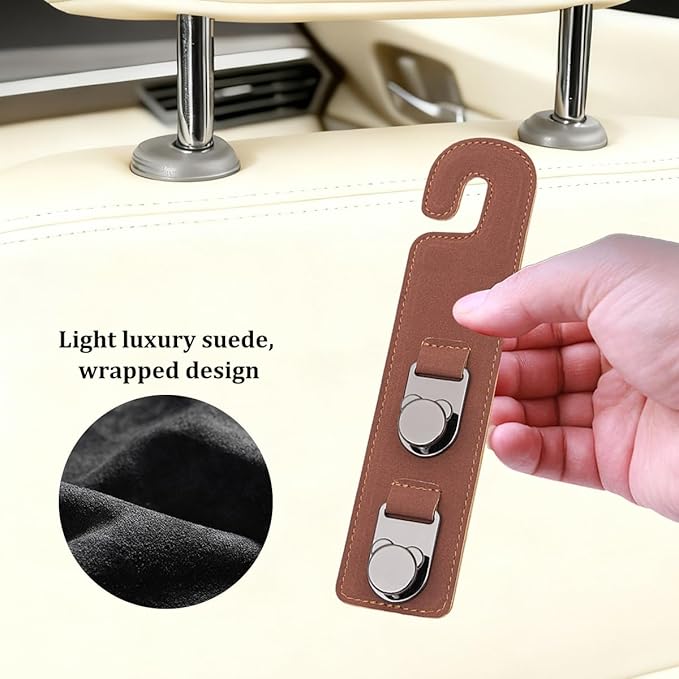 HZEL 2PCS Car Seat Headrest Hooks, Dual Hook Suede Vehicle Backseat Storage Holder for Purse Handbag Coat, Multifunctional Auto Seat Back Grocery Hanger Organizer, Universal for Vehicles (Brown)