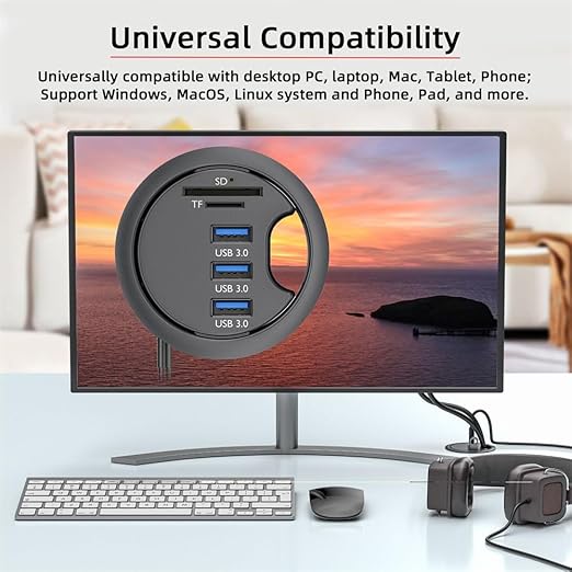 Xiwai USB 3.0 Hub Splitter, SD TF 3 Port USB Multiport Expander 60mm Desk Grommet Dock Station Micro-SD Card Reader for PC Desk Desktop