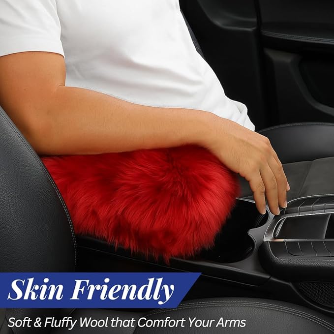 Andalus Brands Pure Australian Sheepskin Fluffy Car Center Console Cover, Luxurious Non-Shedding Furry Arm Rest Cover for Car, Versatile for All Seasons, Red - (11.47" X 6.3")