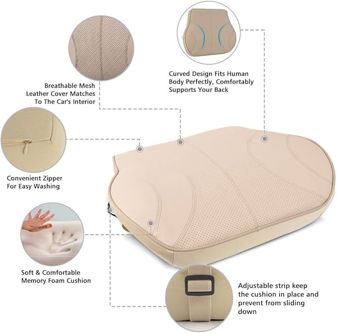 Aukee Lumbar Support Pillow for Car, Genuine Leather Memory Foam Pillow Cushion Lower Back Cushion for Car and Office Chair with Adjustable Strap (Beige)