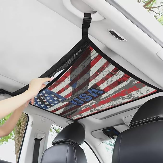 USA Flag Print Car Roof Seat Organizer Hanging Car Storage Bag Inner Car Accessories Storage for Kids Pets' Items for Travel