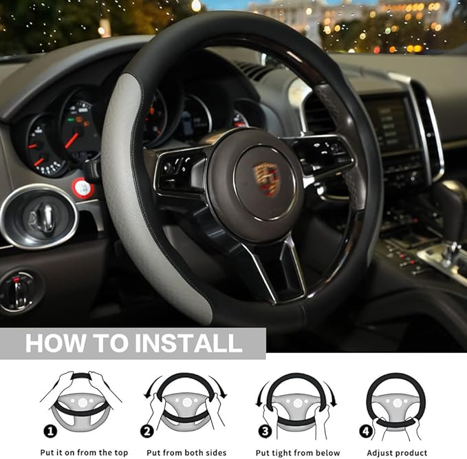 Steering Wheel Cover, Microfiber Leather Splicing with Classic Embossing,Contrasting Colors Anti-Slip Breathable Auto Car Steering Wheel Cover Fit 15 Inch Car Wheel Protector (Black&Gray)