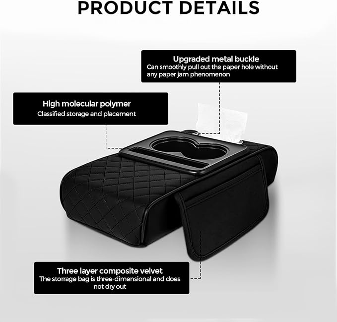 5-in-1 Car Center Console Cover,Multifunctional Arm Rest Cover for Car with Cup Holder,Phone Holder,Pocket,Car Tissue Holder,Leather Height Enhancement Car Armrest Cushion for Most Cars