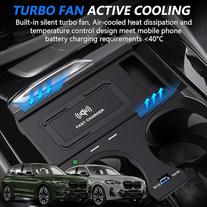 Wireless Car Charger for BMW X3/X4 2022 2021 2020 2019 2018, OEM Custom Fit with QC3.0 USB Wireless Fast Phone Charging Pad for BMW X3/X4/X3M/X4M G01 G02 Center Console Interior Accessories