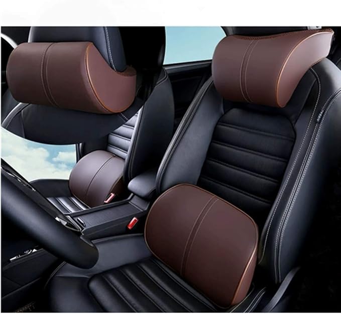 ZLOHPAE Car seat Lumbar Support Pillow and car Neck Support Pillow kit, Soft Leather Surface and high-Density Memory Foam are Ergonomic car seat Pillows (Brown)