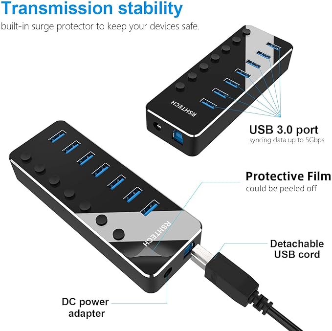 USB 3.0 Hub, RSHTECH 7 Port Powered USB Hub Expander Aluminum USB 3.0 Data Port hub with Universal 5V AC Adapter and Individual On/Off Switches USB Splitter for Laptop and PC(Black) (Pack of 2)