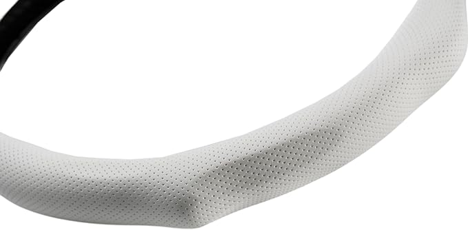 Quick Install Sporty White Perforated Nappa Leather Steering Wheel Cover with Black Top Stripe for Tesla Model Y White Trim
