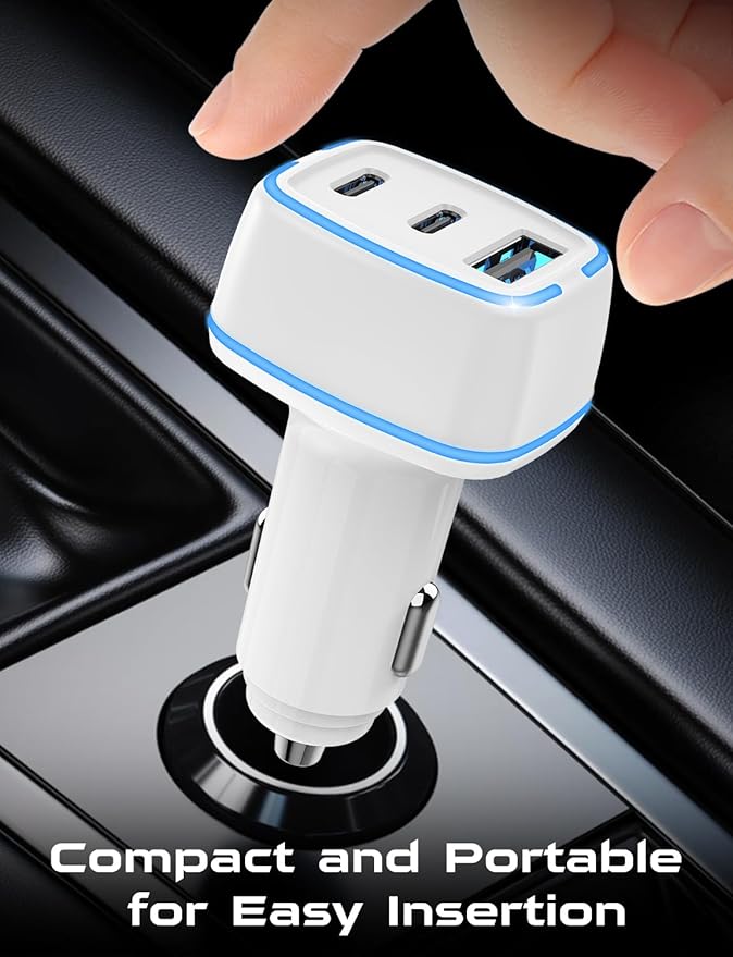 Hzevn USB C Car Charger, 3 Port PD Super Mini Cigarette Lighter Adapter, 2Pack USB-C & A Fast Car Charging for iPhone 16/15 Pro Max, Galaxy S25/S24, iPad, Pixel, Android Phones,White