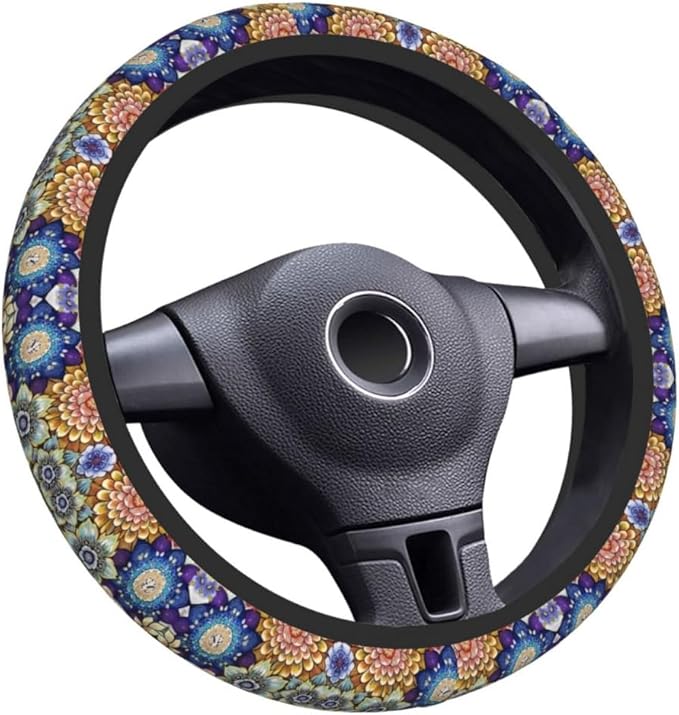 Elastic Steering Wheel Cover Car Accessories Cute Universal 15 Inch Absorbing Sweat Non-Slip Breathable for Woman - Boho Floral