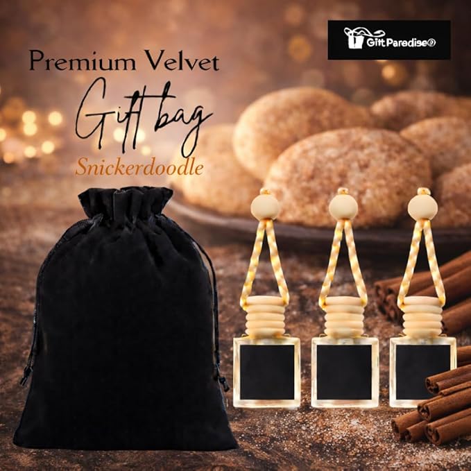Snickerdoodle Car Air Freshener Set of 3, 10 ml Hanging Diffuser Bottles with Wooden Cap, Sweet Cinnamon Sugar Cookie Scent for Car, Home & Closet, Velvet Gift Bag