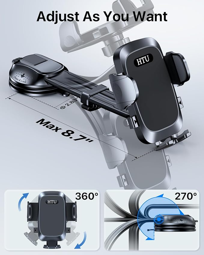 HTU [True Military-Grade Car Phone Holder [2025 Upgraded Strongest Suction & Vent Clip] Cell Phone Car Mount for Dashboard Windshield Vent Truck Cradle Dash Stand,(Black)