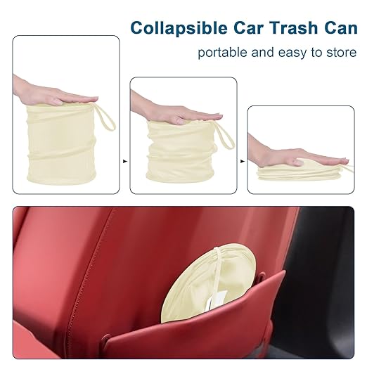 Car Trash Can, 2 Packs Mini Collapsible Car Trash Bin for Front Back Seat, Pop up Car Garbage Can, Portable Car Trash Bag Hanging for Vehicle SUV Rv Truck Accessories Interior, Beige