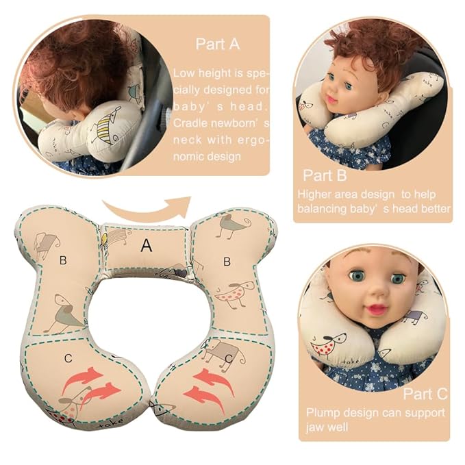 Baby Neck Pillows, Comfortable Baby Travel Head Neck Support for Car Seat Stroller Pushchair, Soft PP Cotton Travel Cushion for 0-2 Years Old Toddler Infant Newborn, Dogs