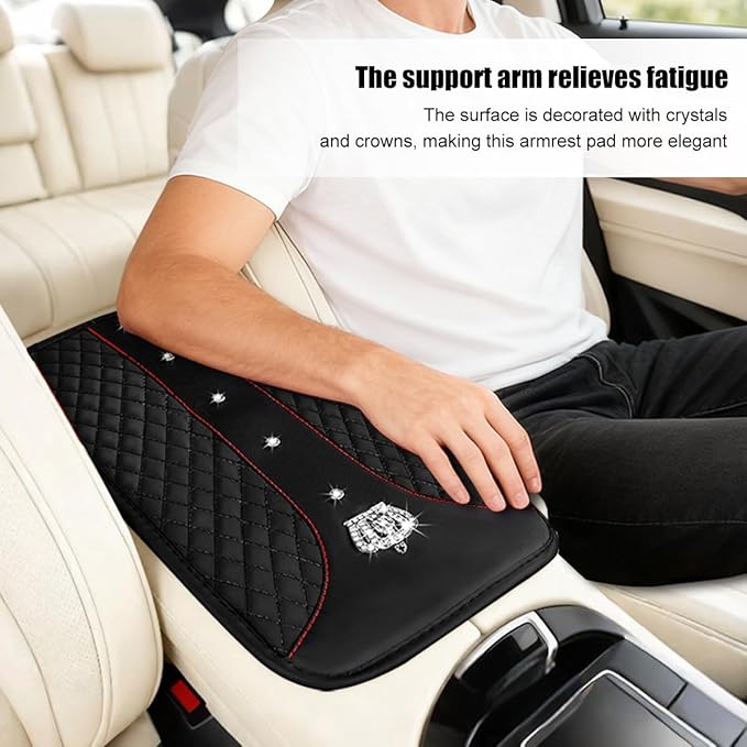 Bling Car Center Console Cover, Crown Crystal Rhinestones Vehicle Armrest Mat Protector, Anti Slip Sparkling Automotive Arm Rest Seat Box Cushion Pad Decor Accessories, Universal Fit (Black)