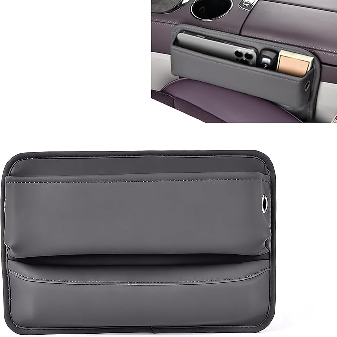 Leather Car Seat Gap Filler, Waterproof Anti-Slip Side Storage Pouch for Phones Keys Glasses Cards, Universal for Most Cars, SUVs, Trucks (Gray)