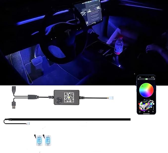 Interior Neon Lights for Tesla Model Y/3, Dreamcolor Acrylic Interior Car LED Strip Light for Tesla, Dynamic Chasing Music Sync Neon Ambient Lighting Kits for Tesla Model Y/3 (1 Strip Set B)