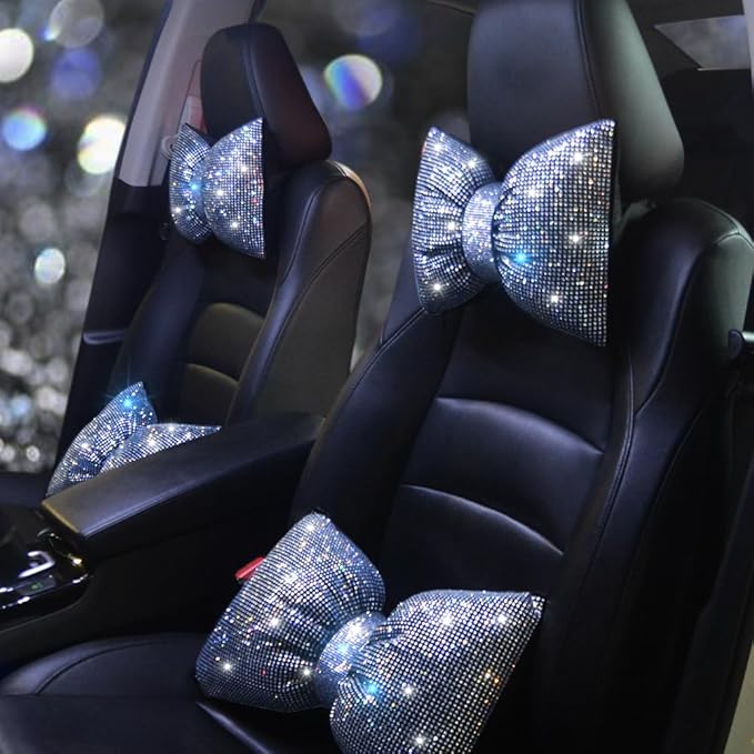 Car Neck Pillows Bowknot Car Headrest Cushion Crystal Rhinestone Diamond Bling Accessories for Women Driving Comfort Neck Support Pillow White 2Pcs