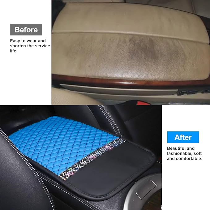 Bling Leather Car Center Console Cover, Car Center Console Protector With Glossy Crystal Rhinestone, Universal Waterproof Car Armrest Seat Box Cover For Most Car, Vehicles, SUVs, Trucks (Blue)