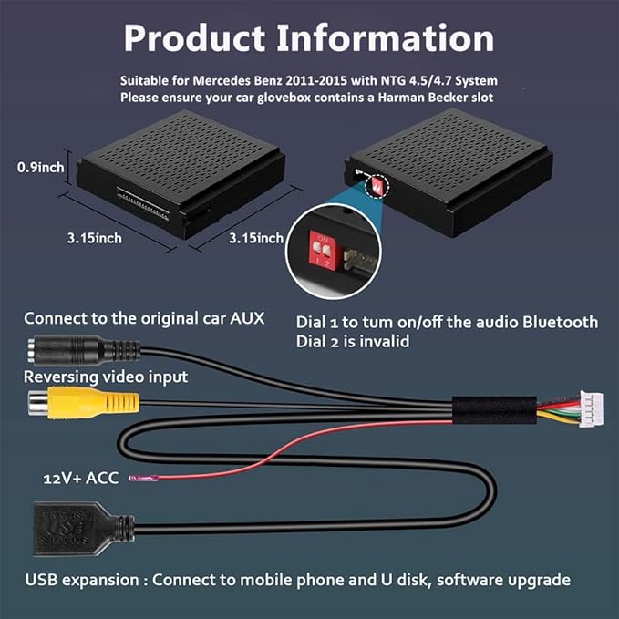 Wireless Android Auto Receiver for Mercedes Benz A/B/C/E/CLA/GLA/CLS/GLK/ML/GL/SLK 2011-2015 Wireless CarPlay Android Auto for Benz NTG 4.5/4.7 System with Bluetooth, Mirror Link, Camera, USB