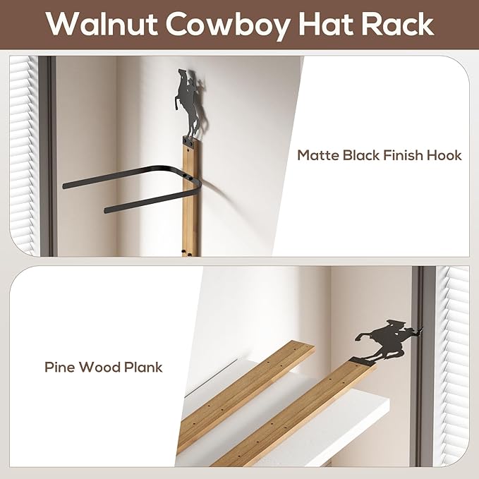 Cowboy Hat Rack for Wall – 3-Piece Wooden & Metal Western Hat Holder, Rustic Rider Sign Decor, Holds up to 6 Hats, Wall Mounted Cowboy Hat Organizer & Storage Display Rack for Cowboy Room Decor