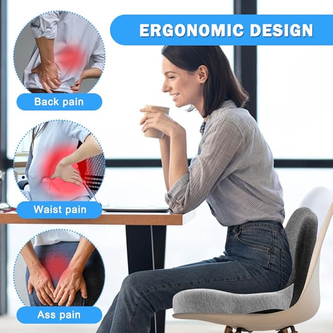 Memory Foam Seat Cushions for Office Chair, L-Shaped Integrated Seat Cushion with Back Support, Seat-Cushion for Tailbone Protection fo-r Long Sitting & Driving(Color:Grey)