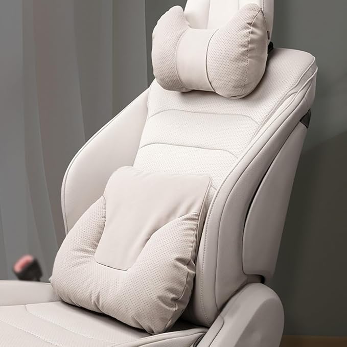 Car Neck Pillow Set for BMW M5 Touring 2025, Leather Car Headrest Lumbar Support Waist Backrest Head Support Cushion,BeigeWhite