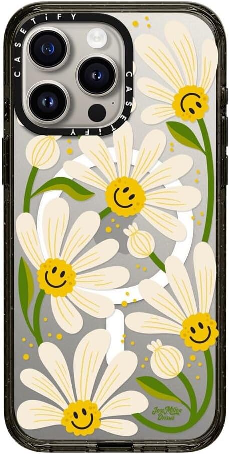 CASETiFY Impact iPhone 15 Pro Max Case [Slim/Compatible with Magsafe / 8.2 ft. 4X Military Grade Drop Protection] - 90s Daisy - Clear Black
