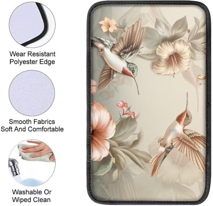 Coldinair Vintage Hummingbird Floral Car Armrest Cover,Auto Center Console Pad,Soft Seat Box Cover Protector Cushion,Car Accessories Decor for Most Cars,Sedan,Truck,SUV