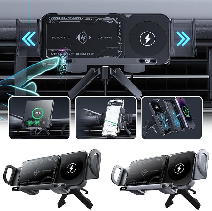 Wireless Charging Rotating Car Mount,Smart 2-in-1 Auto-Rotating Car Phone Holder & Wireless Charger,Foldable with 15W Fast Charging,Compatible with iPhone & Samsung Devices & Smartphone & Pad (Gray)