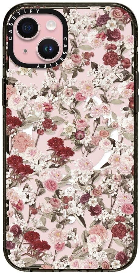 CASETiFY Impact Case for iPhone 15 Plus [8.2ft 4X Military Grade Drop Protection/Compatible with Magsafe] - Vintage Flower Monday - Clear Black