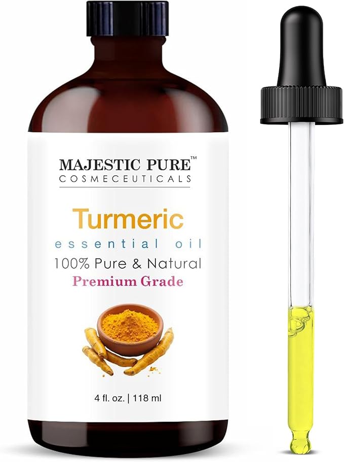 Majestic Pure Essential Oil with Glass Dropper - 100% Pure and Natural - Essential Oils for Diffuser, Aromatherapy, Soap and Candle Making, Turmeric Essential Oil, Turmeric Oil, 4 Fl Oz