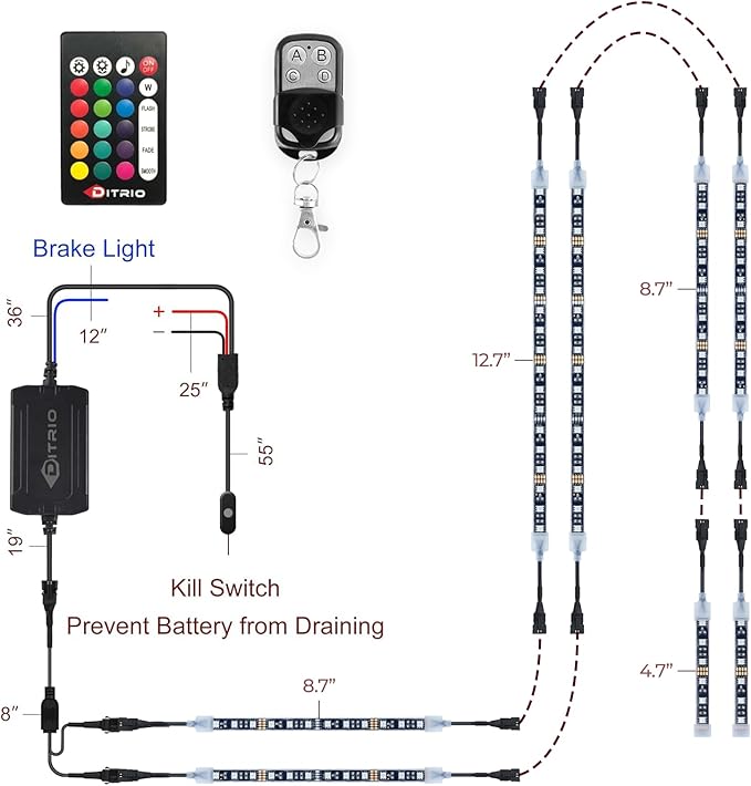 8PCS Underglow RGB LED Strip Light Kit DC 12V with 2 Red Blinking Brake Light Styles for Motorcycles Trikes Golf Carts ATVs UTVs – M8r