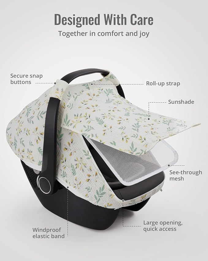 Blissful Diary Baby Car Seat Cover, Extra Large Mesh Window, Breathable Muslin Cotton, Infant Windproof Canopy, Must-Have Baby Gift - Botanical Leaf