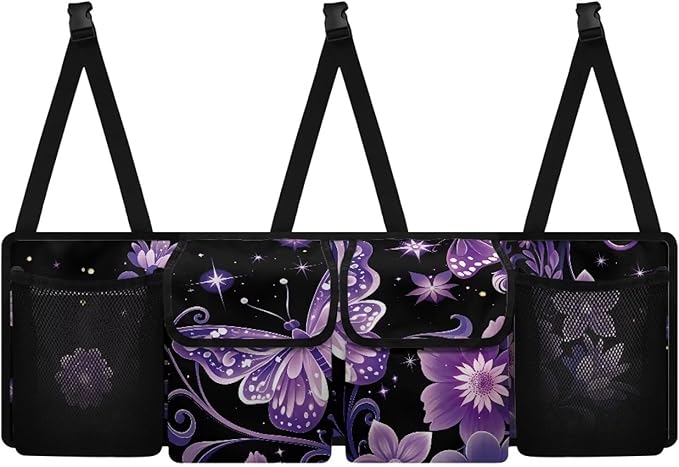Hanging Car Trunk Organizer with 4 Pockets Purple Butterfly Auto Back Seat Storage Bag Auto Interior Accessories for Sedans SUV MPV Trucks Jeep Pickup