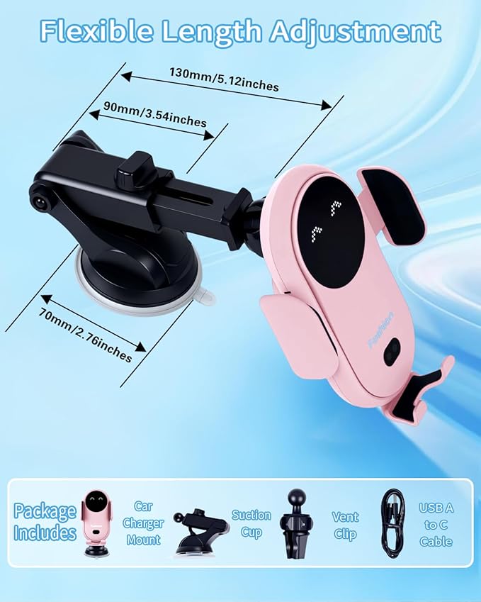 Wireless Car Charger, Auto-Clamping 3-in-1 Phone Mount - 15W/10W/7.5W Fast Charging Car Accessories Compatible with iPhone 16/15/14/13/12/11/Xs/XR, Samsung S23 Ultra/S22/S21/S20/S10+/S9(Pink)
