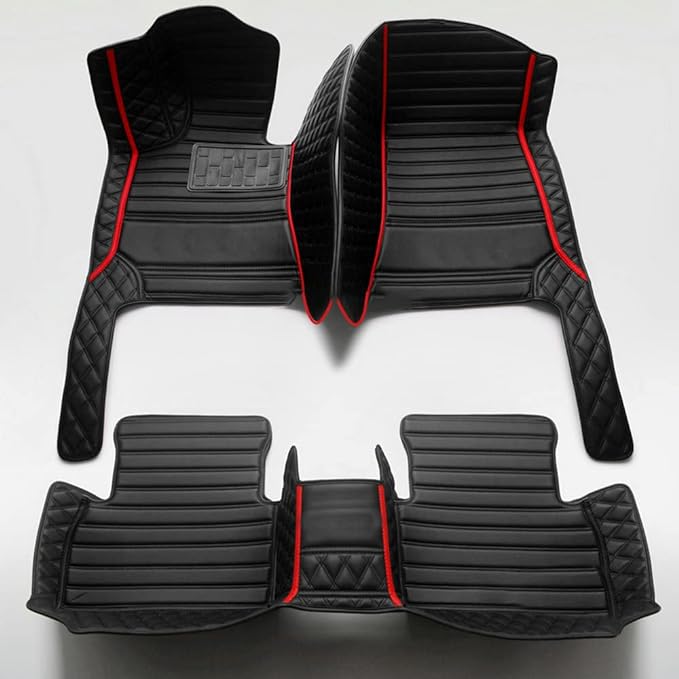 Custom Personalized Floor Mats for Cars - Luxury Full Coverage All Weather Mats, Anti-Slip Leather Mat Set, Fit for 99% of Cars, SUVs & Trucks (Black+Red bar, D-Diamond+Strip)
