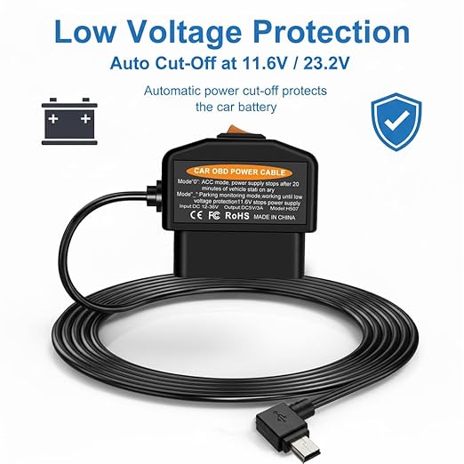 OBD2 Power Cable for Dash Camera, Mini OBD Adapter with 24-Hour Parking Mode, Acc Mode, Low Voltage Protection, 11.48FT Cable for Dash Cams, GPS,DVR and More 2V-36V to 5V/3A Charger