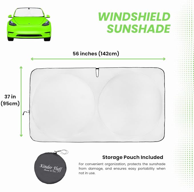 Kinder Fluff Windshield Sunshade for Tesla 3 & Y | Patented Car Sun Protection - Certified 99% UVR Block - Cool Car Interior | Foldable Sun Visor Cover | Automotive Accessories for Summer